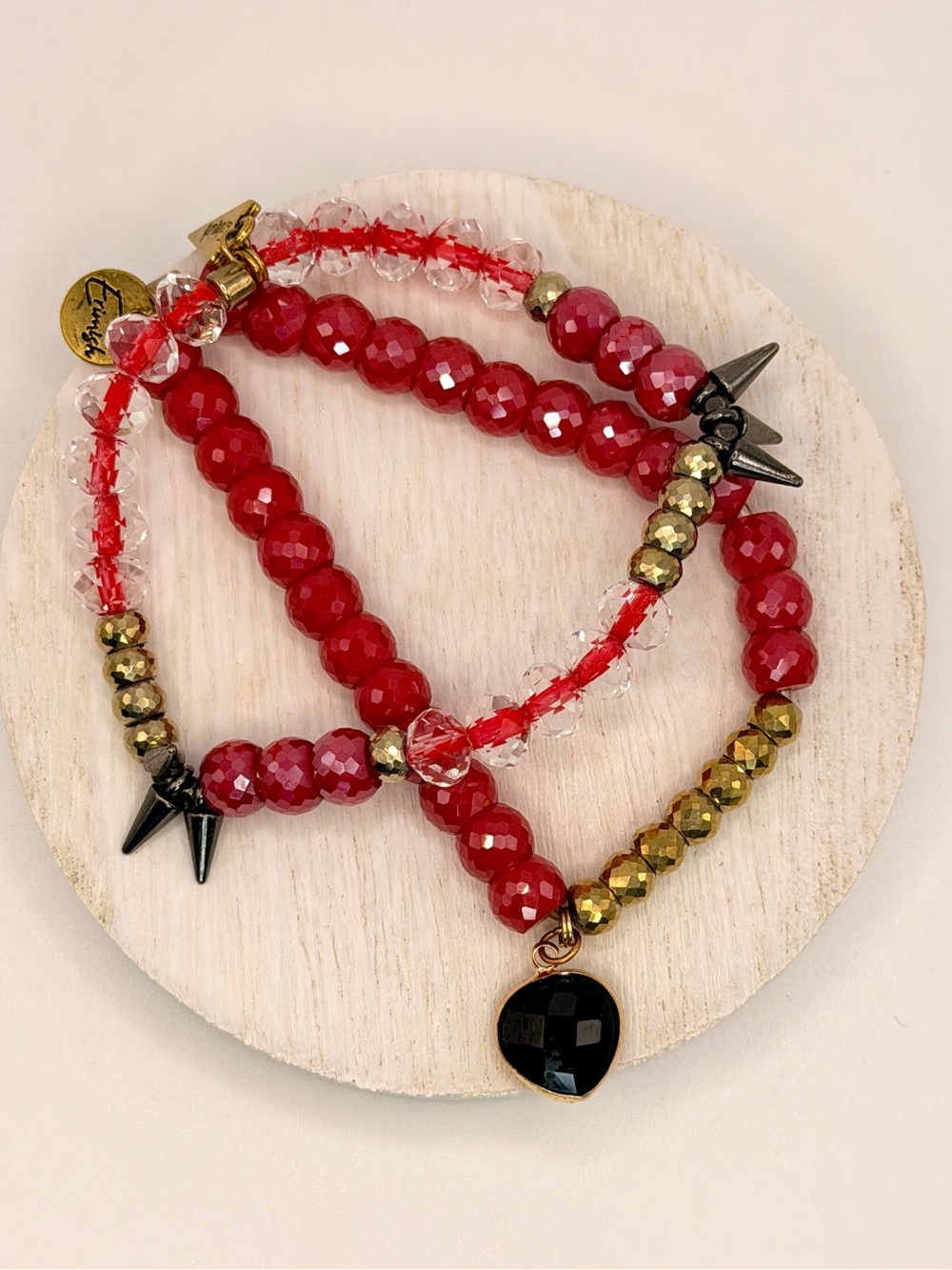 Erimish Red Beaded Multi-Strand Bracelet with Black Charm